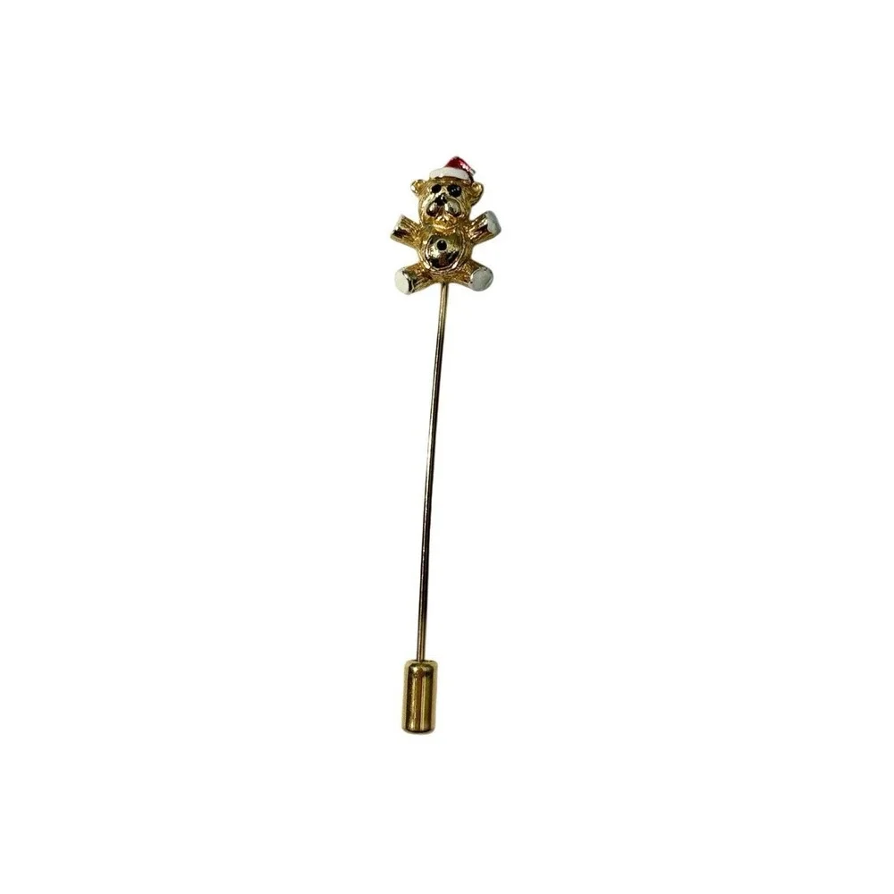 Vintage Gold Tone Teddy‎ Bear Enamel Holiday Christmas Santa Hat Stick Pin